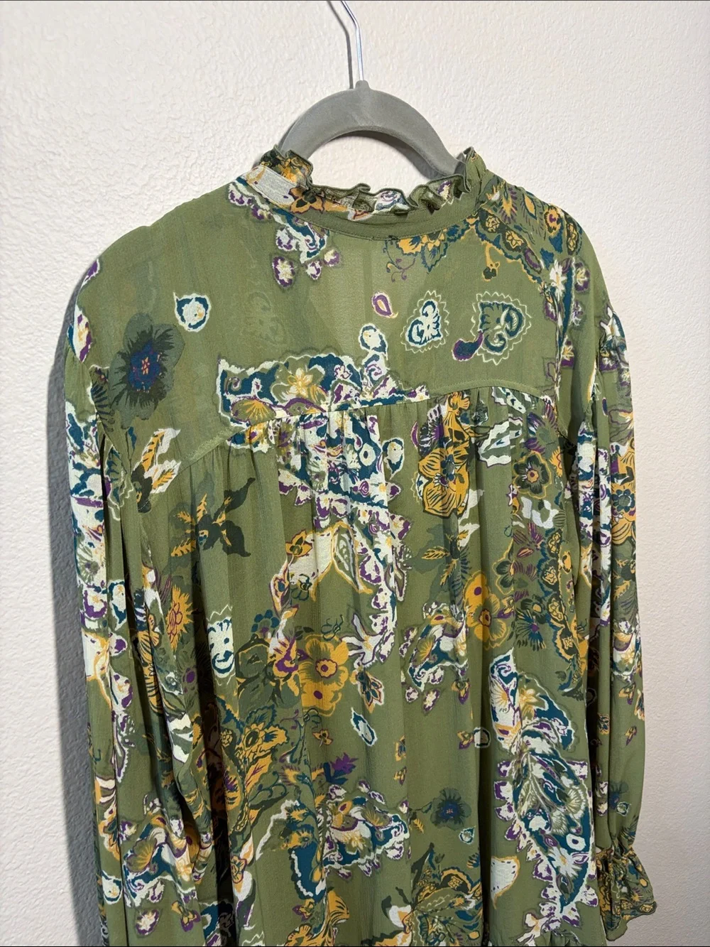 Free People Olive Green Floral Ruffle-Hem Long Sleeve Dress